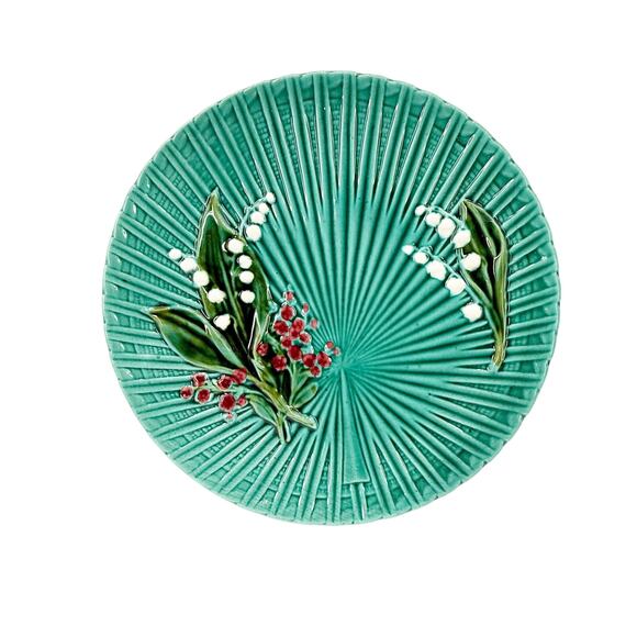 vintage German Majolica green Lily of the Valley 11.5" round Platter plate - Picture 1 of 10